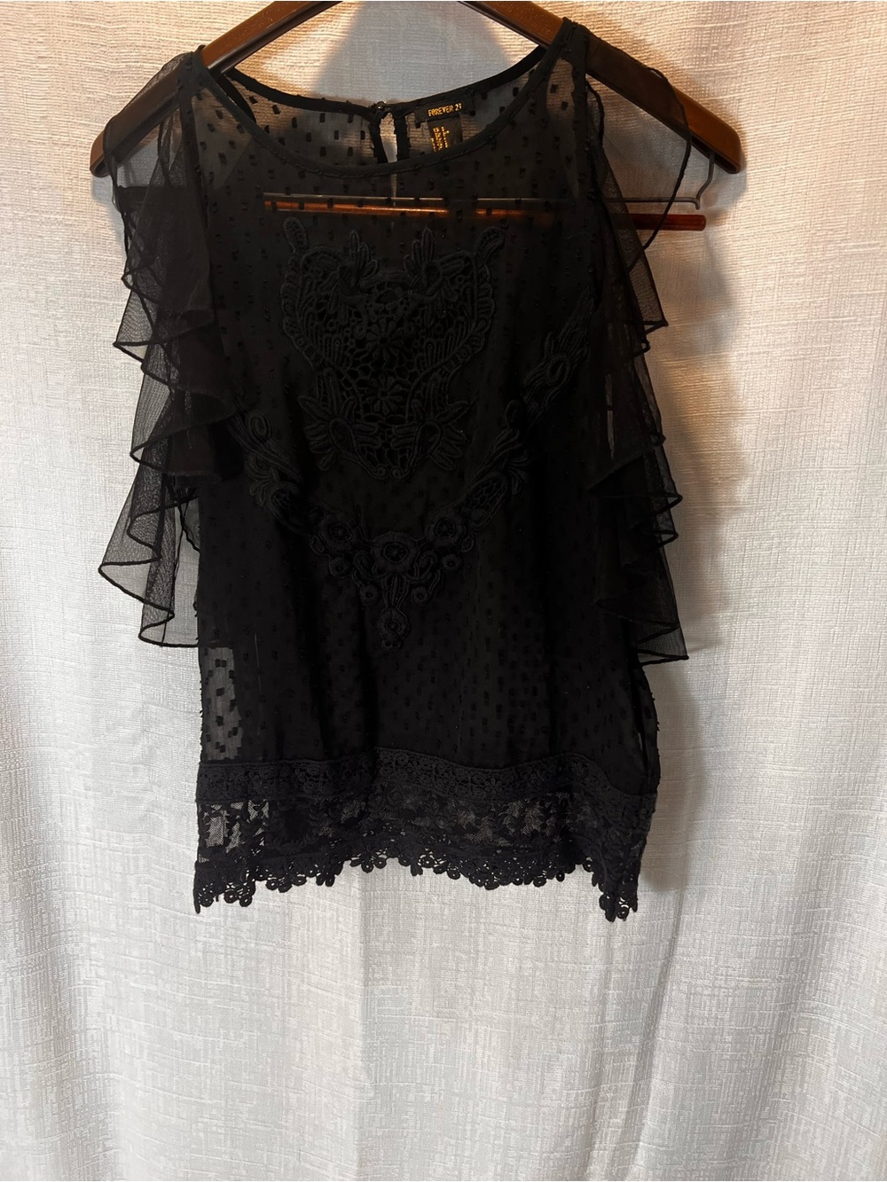 Forever 21 Black Sheer Embroidered Ruffle Sleeve Blouse
